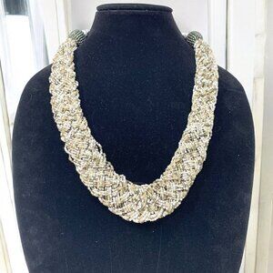 Braided Rope Style Seed Bead Necklace Silver Grey Ivory Lobster Clasp 24"L